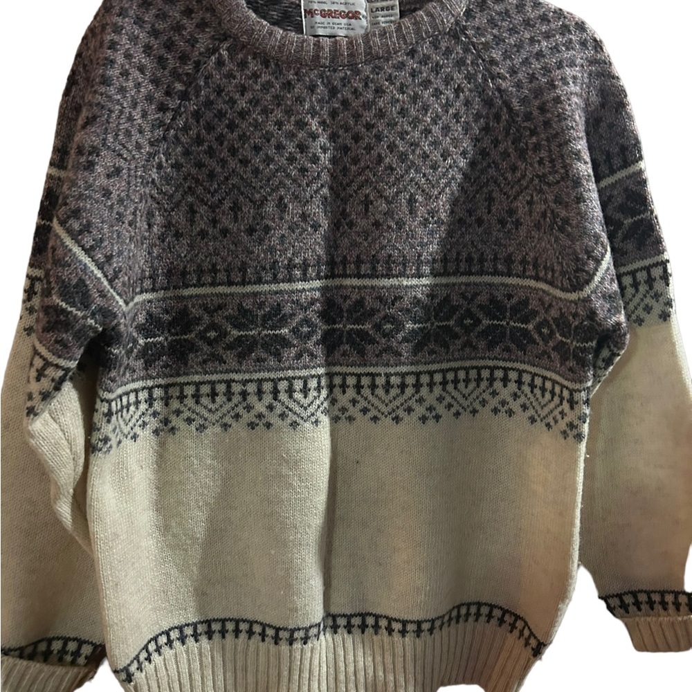 Vintage McGregor Wool Sweater Size Large, purple and cream fair isle print